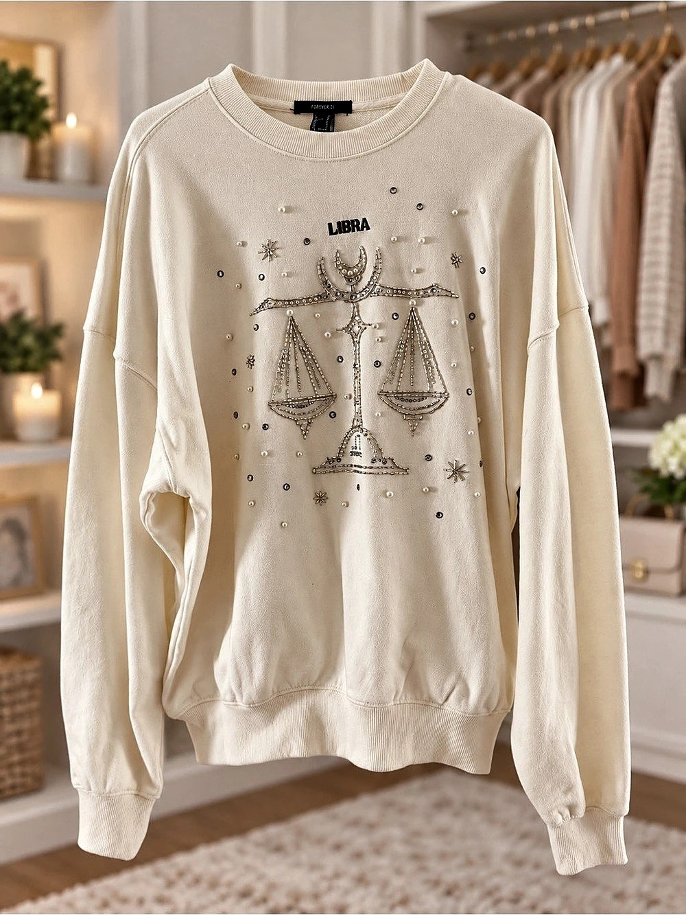 Forever 21 Beaded Libra Pullover Sweatshirt Cream Medium